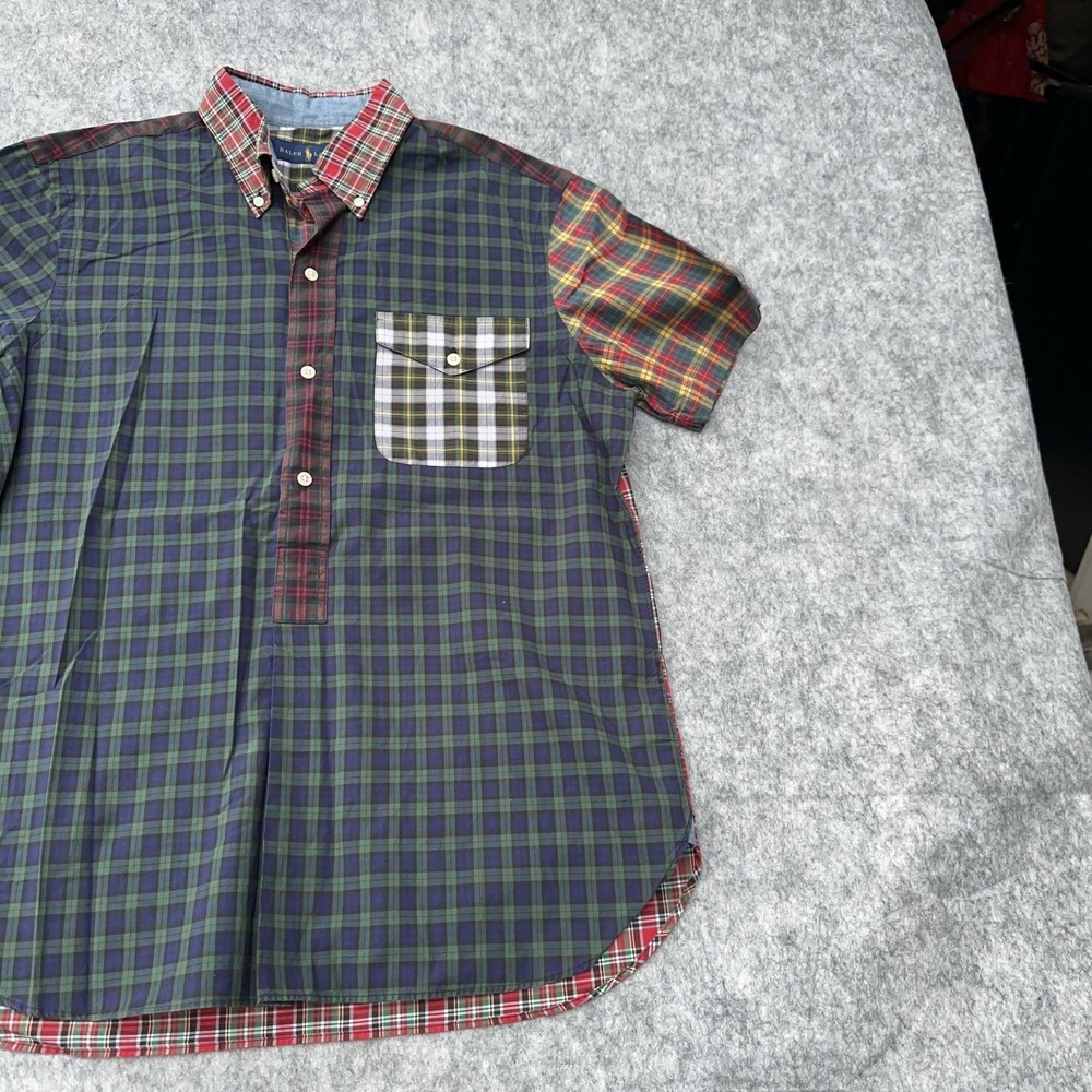 Polo Ralph Lauren Patchwork Plaid Shirt Mens Medium Henley Button Up Green - Picture 5 of 15